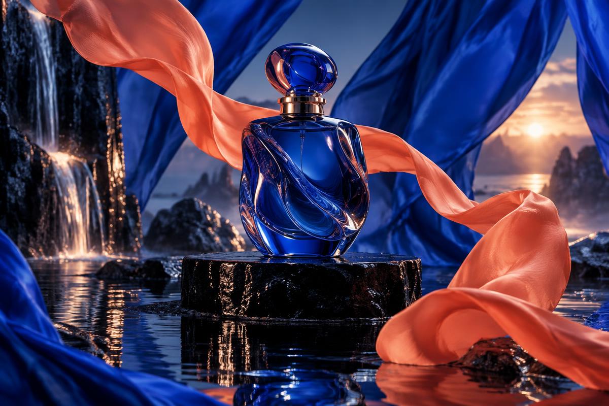 AI-created cinematic product story with a cobalt glass bottle and flowing fabric, made without a physical camera crew